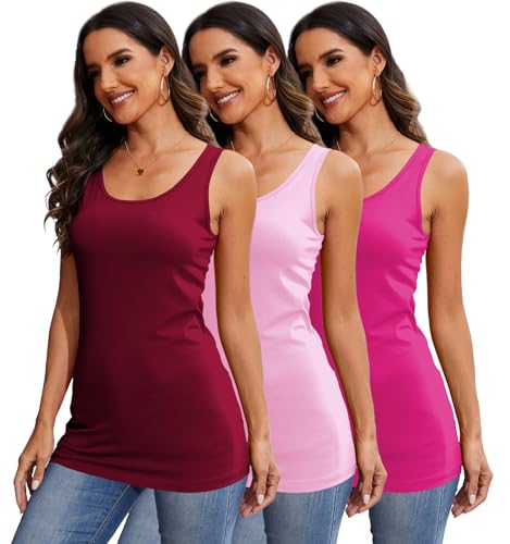 DYLH Extra lange Tanktops aus Baumwolle für Damen, dehnbar, ärmellos, Camisole Unterhemden, Lagen, Laufen, Yoga, 3 Packungen, Hot Pink Pink Wine, Mittel von DYLH