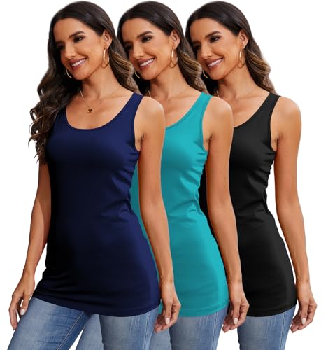 DYLH Extra lange Tanktops aus Baumwolle für Damen, dehnbar, ärmellos, Camisole Unterhemden, Lagen, Laufen, Yoga, 3 Packungen, Schwarz Petrol Marineblau, XX-Large von DYLH