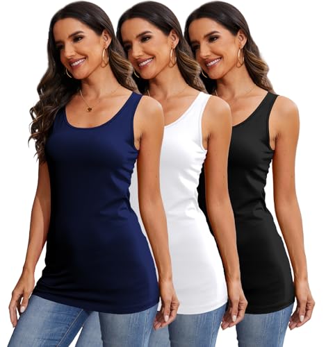 DYLH Langes Damen-Tanktop aus Baumwolle, dehnbar, ärmellos, Unterhemd, Unterhemd, Schichtung, Laufen, Yoga, 3 Packungen, Schwarz Weiß Marineblau, Mittel von DYLH