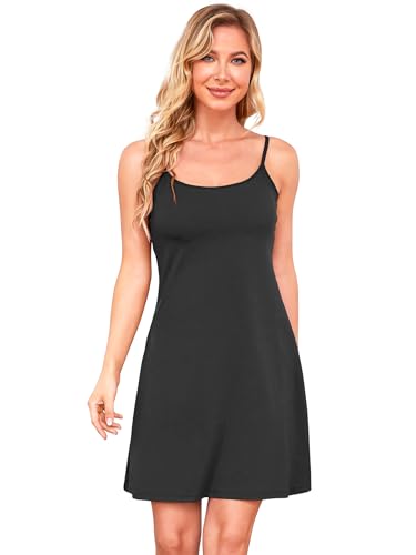 Slip-Kleid mit integriertem BH, Baumwoll-Nachthemden für Damen, Strandkleid, Sommerkleid, Sonnenkleid, Slip-Unterkleid, Schwarz-022, Large von DYLH