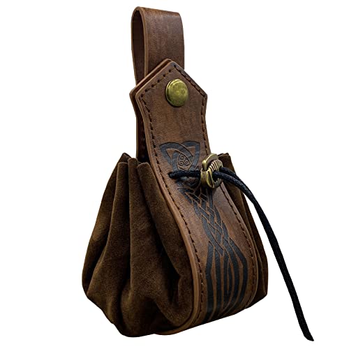 Viking Kunstleder Taille Tasche Mittelalter Kordelzug Geldbörse Vintage Tragbare Gürteltasche Frauen Männer Renaissance Zubehör LARP Faire Cosplay Kostüm Fanny Pack, F, Mittelalter von DYLYMX