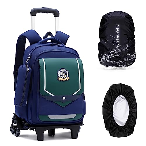 DYMY Schulrucksack Mit Rollen Jungen Trolley Schultasche Kinder Teenager Rucksack Mit 6 Rollen Trolley Schulranzen Kostenloser Regenschutz Blau Grün 31x21x43cm von DYMY