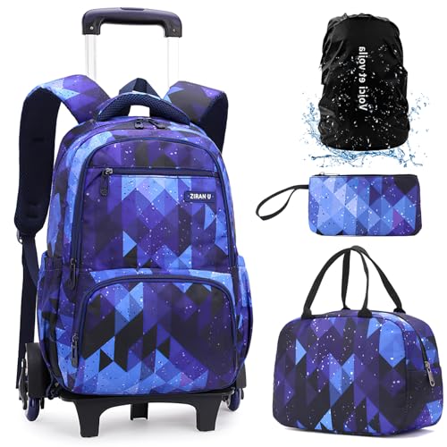 DYMY 4 pcs Trolley Rucksack Kinder Schulrucksack Mädchen Jungen Teenager Rucksack mit Rollen Teens Schule Schultasche mit Rollen Mädchen Schulranzen Blau 31x16x45cm von DYMY