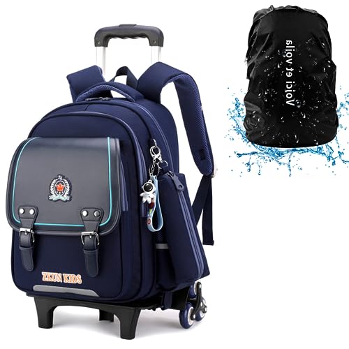 DYMY Schulrucksack Mit Rollen Jungen Trolley Schultasche Kinder Teenager Rucksack Mit 6 Rollen Trolley Schulranzen Kostenloser Regenschutz Blau Navy 20x32x43cm von DYMY