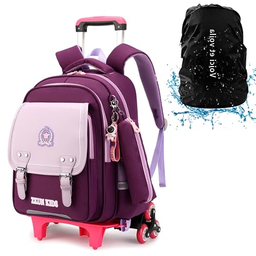 DYMY Schulrucksack mit Rollen Mädchen Rucksack mit Rollen Trolley Kinder Schule Jungs Teenager Schultasche Mädchen Schulranzen mit Rollen Trolley Tasch Violett 20x32x43cm von DYMY