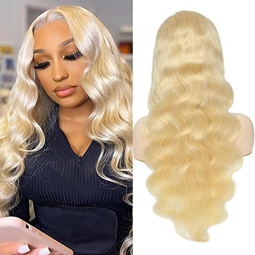 Gewellte Spitzenperücken Blonde 613 Körperwelle Synthetische Spitzeperücken for Frauen Vorgezupfter Haaransatz mit Babyhaar Lange lockige hitzebeständige Faser T-Teil Lace Front Perücken Natürliche sy von DYPASA