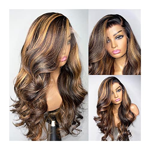 Gewellte Spitzenperücken Highlight Body Wave 13X6 Lace Front Perücken 150% Echthaar Ombre 13X4 Lace Frontal Perücken for Frauen, 8-32" HD Transparent Lace Perücke mit vorgezupftem Haaransatz Natürlich von DYPASA