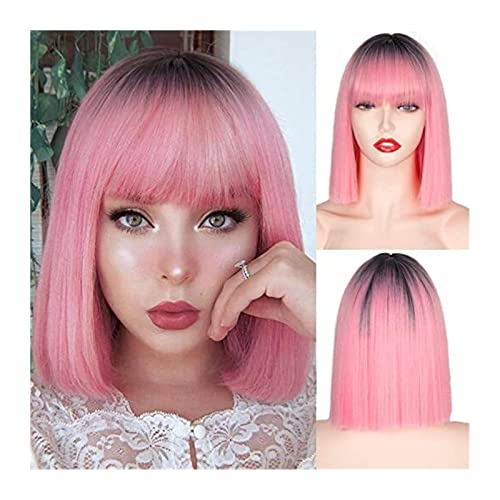 Gewellte Spitzenperücken Kurze Bob-Perücke mit Pony Synthetische gerade Bob-Perücke for Frauen, natürlich aussehende bunte kurze Bob-Perücke Hitzebeständige Perücken for tägliche Party-Cosplay Natürli von DYPASA