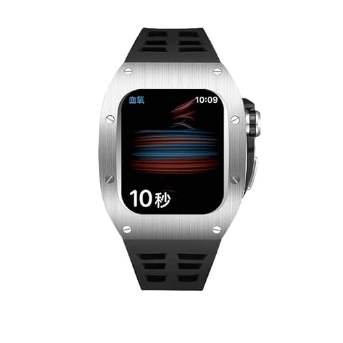 DYPERO Modifikationsset für Apple Watch 8, 7, Edelstahlgehäuse für iWatch Serie 8, 7, 6, 5, 4, 44 mm, 45 mm, Gummiband, Metalllünette, Zubehör (Farbe: Schwarzgrau, Größe: 45 mm) von DYPERO
