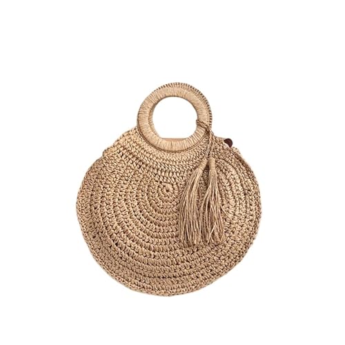 DYYEUAVT Boho Runde Strohtasche Damen Große Kapazität Rattan Strandtaschen Quaste Handtasche Sommer Webtasche Reisetasche Lady Handtasche(Khaki) von DYYEUAVT