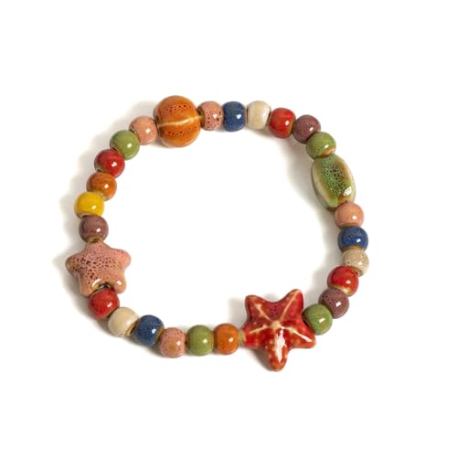 DYYEUAVT Buntes Seestern- und Muschel-Armband, Keramik, Perlen, Boho, Strandschmuck, elastisches Armband für Damen und Jugendliche, Einheitsgröße, Achat von DYYEUAVT