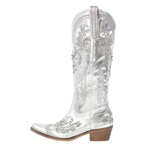 DYYEUAVT Cowboystiefel für Damen, spitzer Zehenbereich, bestickt, Blockabsatz, Cowgirl-Stiefel, zum Überziehen, Weiß (Farbe 1,13) von DYYEUAVT
