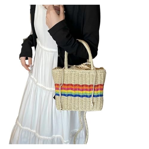 DYYEUAVT Damen Kordelzug Umhängetasche Gewebte Handtasche Vielseitige Stroh Regenbogen Sling Schultertasche(Beige) von DYYEUAVT