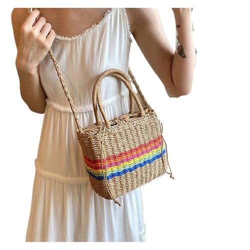 DYYEUAVT Damen Kordelzug Umhängetasche Gewebte Handtasche Vielseitige Stroh Regenbogen Sling Schultertasche(Khaki) von DYYEUAVT