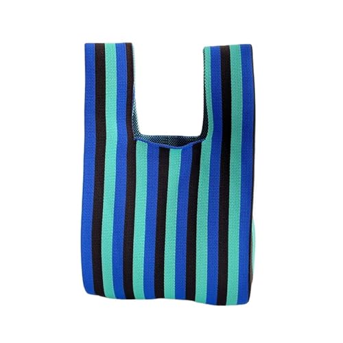 DYYEUAVT Dünne Streifen Plaid Einkaufstasche Frauen Mini Knoten Handgelenk Tasche Casual Farbe Handgemachte Stricken Handtasche Wiederverwendbare Einkaufstasche Schlüssel Geldbörse(Blue Green) von DYYEUAVT
