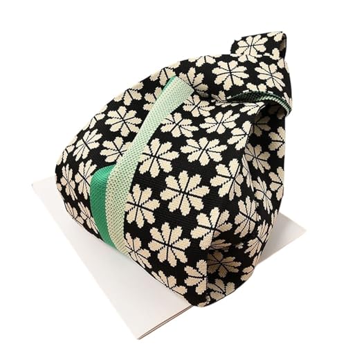 DYYEUAVT Gestreifte gestrickte Handgelenktasche for Mädchen, Aufbewahrungstasche, Gitter, Make-up-Lippenstift-Tasche, Damen-Blumen-Handtasche, Mini-Knoten-Tasche(Black) von DYYEUAVT
