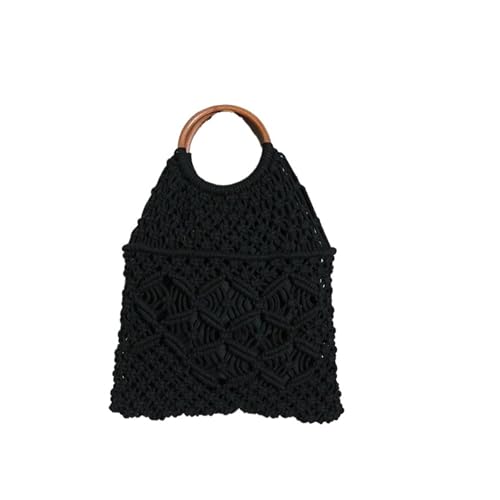 DYYEUAVT Griff Baumwollfaden Handtasche Aushöhlen Korb Strandtasche Damen Rundgriff Strohweben(Black) von DYYEUAVT