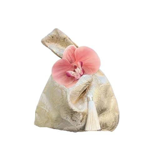 DYYEUAVT Knoten-Handgelenktasche, Blumen-Anhänger, Lunch-Tasche, Kosmetiktasche, Handtasche, Quaste, Kleinartikel-Beutel, Cheongsam-Zubehör(Champagne,Tassel) von DYYEUAVT