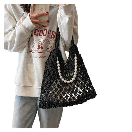 DYYEUAVT Stroh Hobo Strandtasche Taschen Frau Perle Geldbörse gewebt Tote Handtasche Sommer Vintage faltbare Handtasche for die Reise(Black) von DYYEUAVT