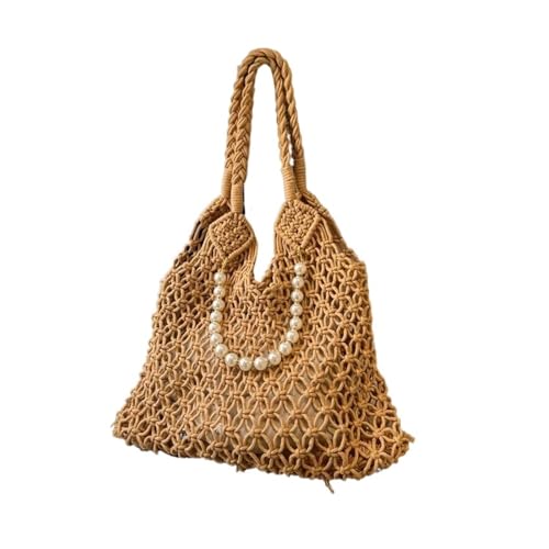 DYYEUAVT Stroh Hobo Strandtasche Taschen Frau Perle Geldbörse gewebt Tote Handtasche Sommer Vintage faltbare Handtasche for die Reise(Khaki) von DYYEUAVT