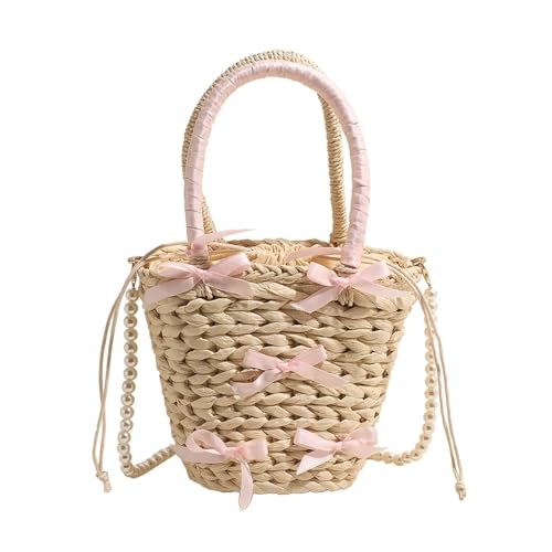 DYYEUAVT Süße Schleife Sommer Strohtasche mit Perlenkettenriemen Strand Schultertasche Große Urlaubsreise Handtasche Umhängetasche for Frauen(Beige) von DYYEUAVT