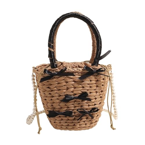 DYYEUAVT Süße Schleife Sommer Strohtasche mit Perlenkettenriemen Strand Schultertasche Große Urlaubsreise Handtasche Umhängetasche for Frauen(Khaki) von DYYEUAVT