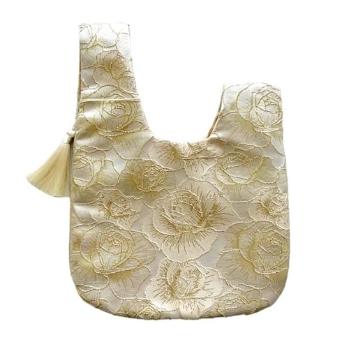 DYYEUAVT Tragbare Handgelenktasche for Frauen, Tasche mit oberem Griff, Nachahmung von Seide, Stickerei, Geldbörse, Handtaschen, Quaste, Knoten, Kosmetiktasche, Handy-Schlüsseltasche(Champagne) von DYYEUAVT