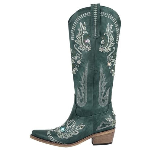 DYYEUAVT Western-Cowboystiefel für Damen, spitzer Zehenbereich, bestickt, Blockabsatz, Cowgirl-Stiefel, zum Überziehen, Weiß (Farbe 37,5) von DYYEUAVT