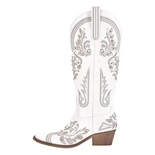 DYYEUAVT Western-Cowboystiefel für Damen, spitzer Zehenbereich, bestickt, Blockabsatz, Cowgirl-Stiefel, zum Überziehen, Weiß (Farbe 7,12) von DYYEUAVT