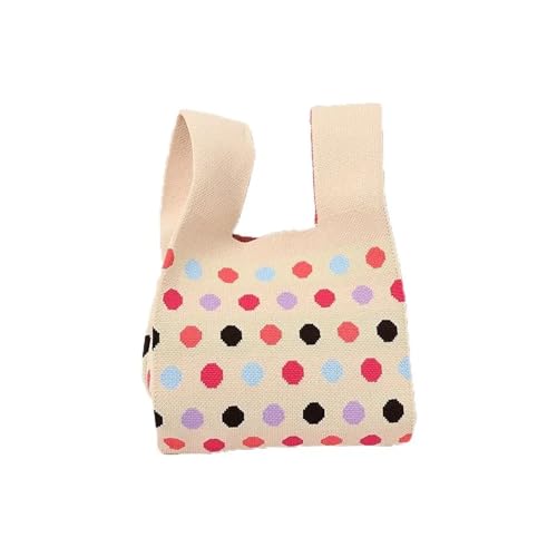 DYYEUAVT Wiederverwendbare Einkaufstaschen mit karierten Punkten, Schultertasche, gestrickte Handtasche, Einkaufstasche, Knoten-Handgelenktasche, handgefertigt(Beige) von DYYEUAVT