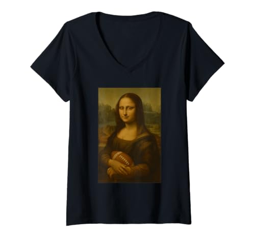 Damen Mona Lisa hält Fußball Vintage Sport Kunst lustig T-Shirt mit V-Ausschnitt Damen Mona Lisa hält Fußball Vintage Sport Kunst lustig T-Shirt mit V-Ausschnitt von Da Vinci Football Season Drop