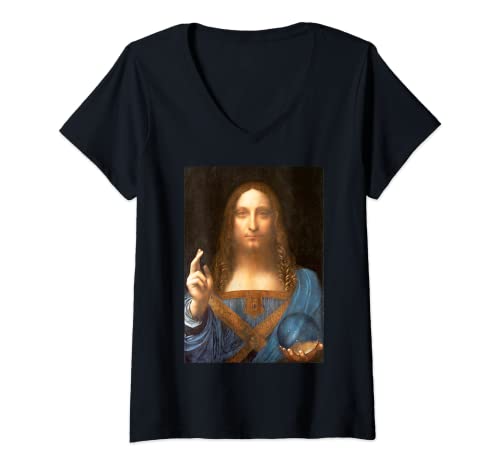 Damen Da Vinci T-Shirt, Salvator Mundi T-Shirt mit V-Ausschnitt von Da Vinci Shirt Project