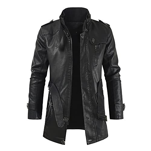 DaDuo Jacke Herren Regular Fit Mit Kapuze(Abnehmbarer Hut)/Stehkragen Einfarbig Lederjacke Herren Herbst Winter Warm Mittlere Länge Übergangsjacke Herren Wind- Und Wasserdicht Motorradjacke Herren von DaDuo