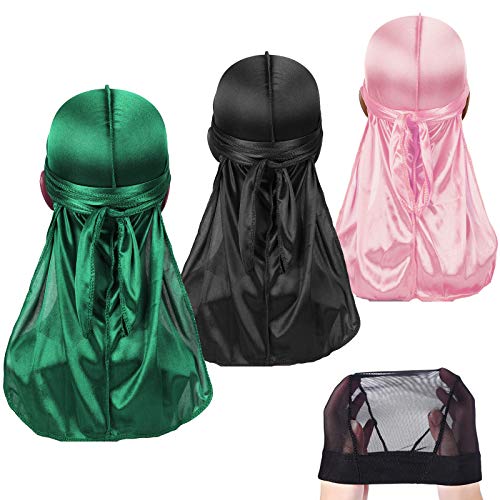 3 Stück Seidige Durag Packung mit Wellenkappe für Männer Frauen Wellen, Satin Doo Rag, Kopfwickel Durag Langen Schwanz Kopftuch Sanft Deckel für Haarwellen von DaMohony