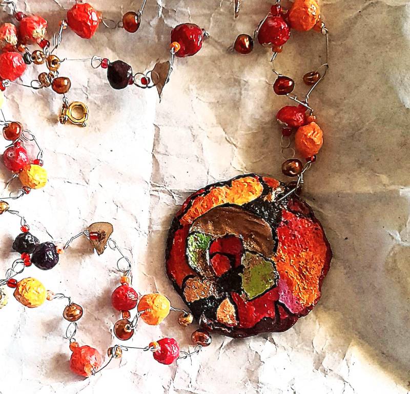 Halskette, Papiermaché, Boho, Ethno, Geschenke Frauen, Unikat Handgemacht, Kunst, Papier, Schmuck von DaPaPuli