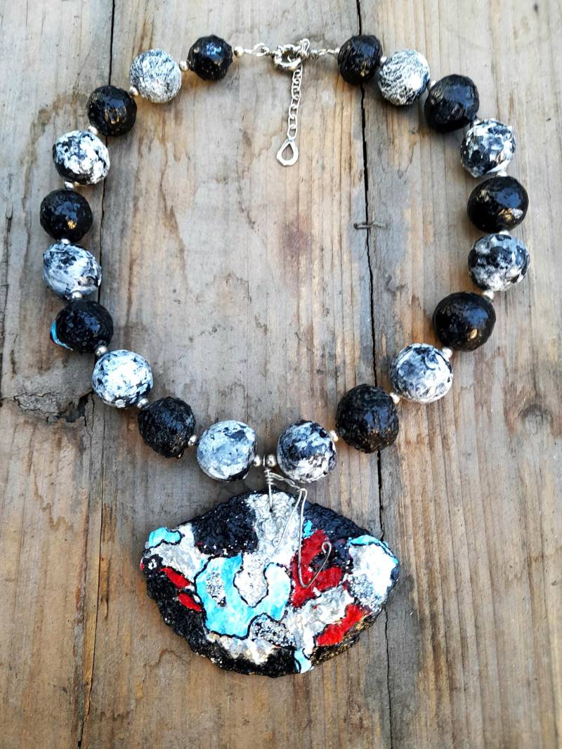 Halskette, Papiermaché, Schwarz, Silber, Türkis, Rot, Boho, Ethno, Unikat Handgemacht, Geschenk Frauen Halskette, Papiermaché, Schwarz, Silber, Türkis, Rot, Boho, Ethno, Unikat Handgemacht, Geschenk Frauen von DaPaPuli