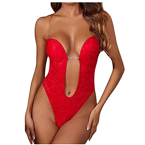 Damen Formender Body Rückenfrei Tiefer V-Ausschnitt Shapewear Figurformend Unterwäsche Push Up BH Bodysuit Bodyshaper klare Träger Braut Body Shaper für Party/Hochzeit (5#Rot, S) von DaPongZhi