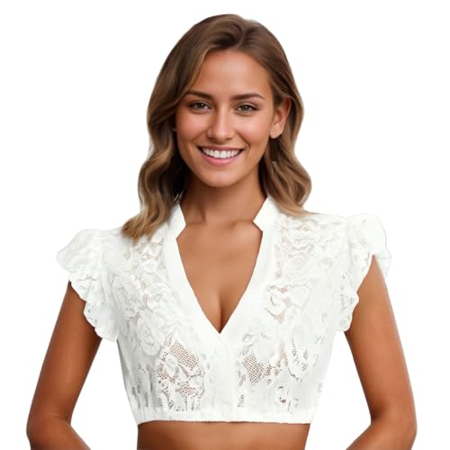 Dirndl Bluse Damen Weiß Schlicht, Dirndlbluse Flügelärmel, Push Up Dirndl Blusen V Ausschnitt, Spitze Kurzarm Dirndlblusen, Oktoberfest Trachtenbluse für Dirndlkleid von DaPongZhi