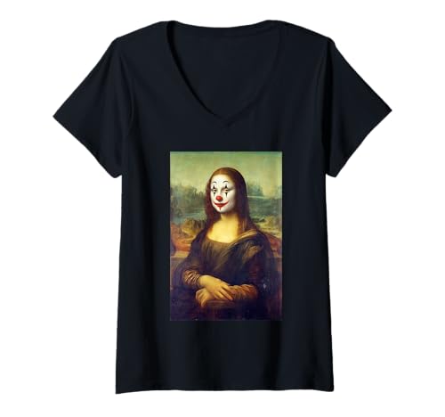 Damen Lustige Mona Lisa Clown Make-up Grafik Parodie Classic T-Shirt mit V-Ausschnitt Damen Lustige Mona Lisa Clown Make-up Grafik Parodie Classic T-Shirt mit V-Ausschnitt von DaVincible