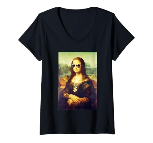 Damen Lustige Mona Lisa Money Sonnenbrille Dollar Kette Parodie T-Shirt mit V-Ausschnitt von DaVincible