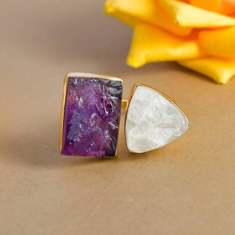 Amethyst Ring, Verstellbarer Regenbogen Mondstein Uncut Stein Gold Vermeil Designer Zwei Perfektes Geschenk Für von Daanijewels