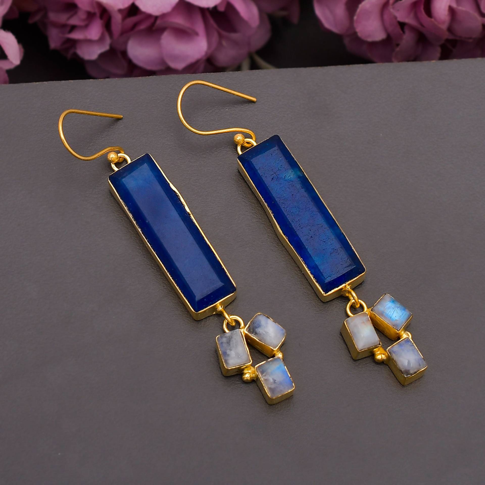 Lapis Lazuli Ohrringe, Hängeohrringe, Regenbogen Mondstein Handgemachte Einzigartiges Geschenk, Lange Hängeohrringe von Daanijewels