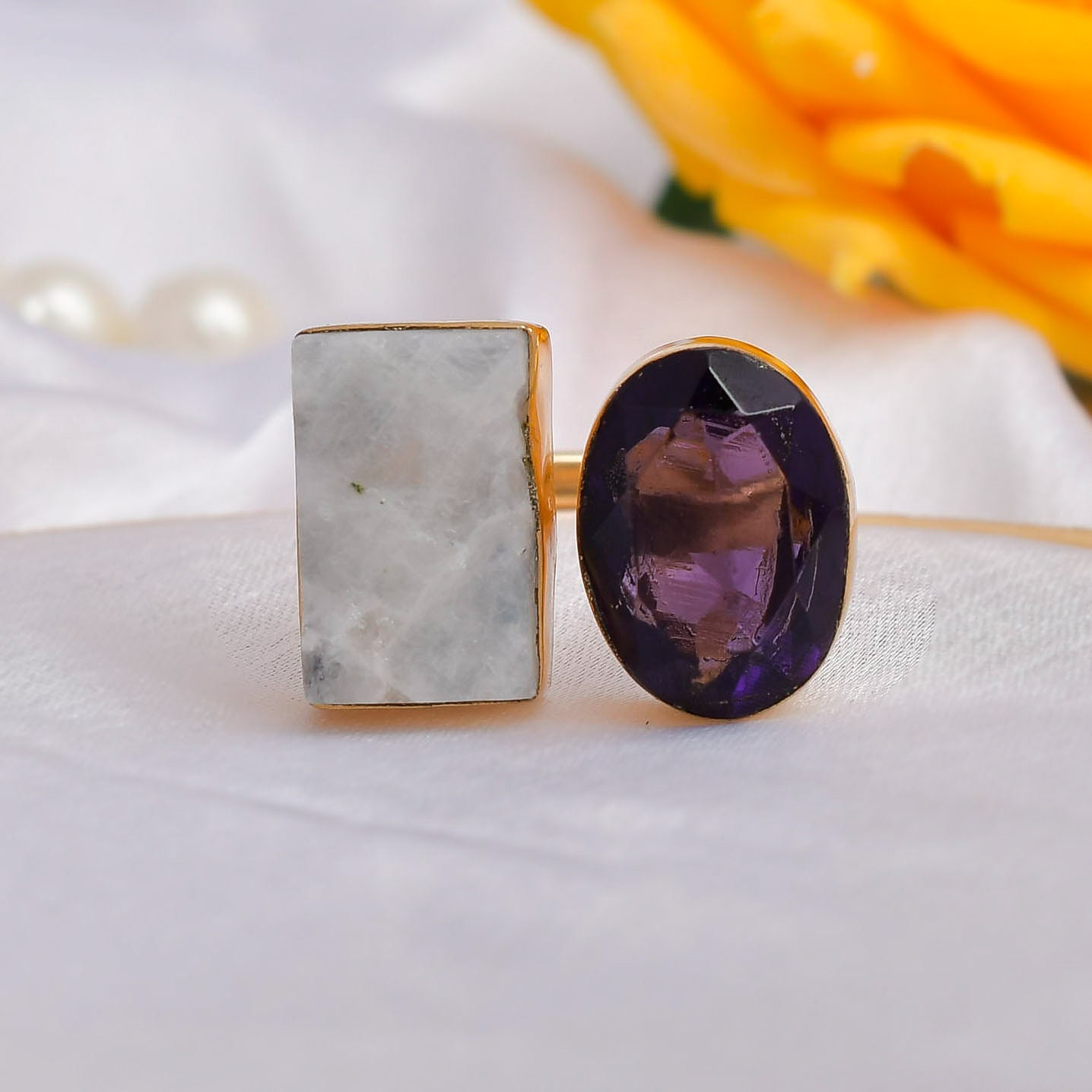 Regenbogen Mondstein Ring Offen Verstellbar Ring, Amethyst Zwei Stein Alltäglicher Geschenkideen Für Frauen, Lünette Set Geschenk von Daanijewels