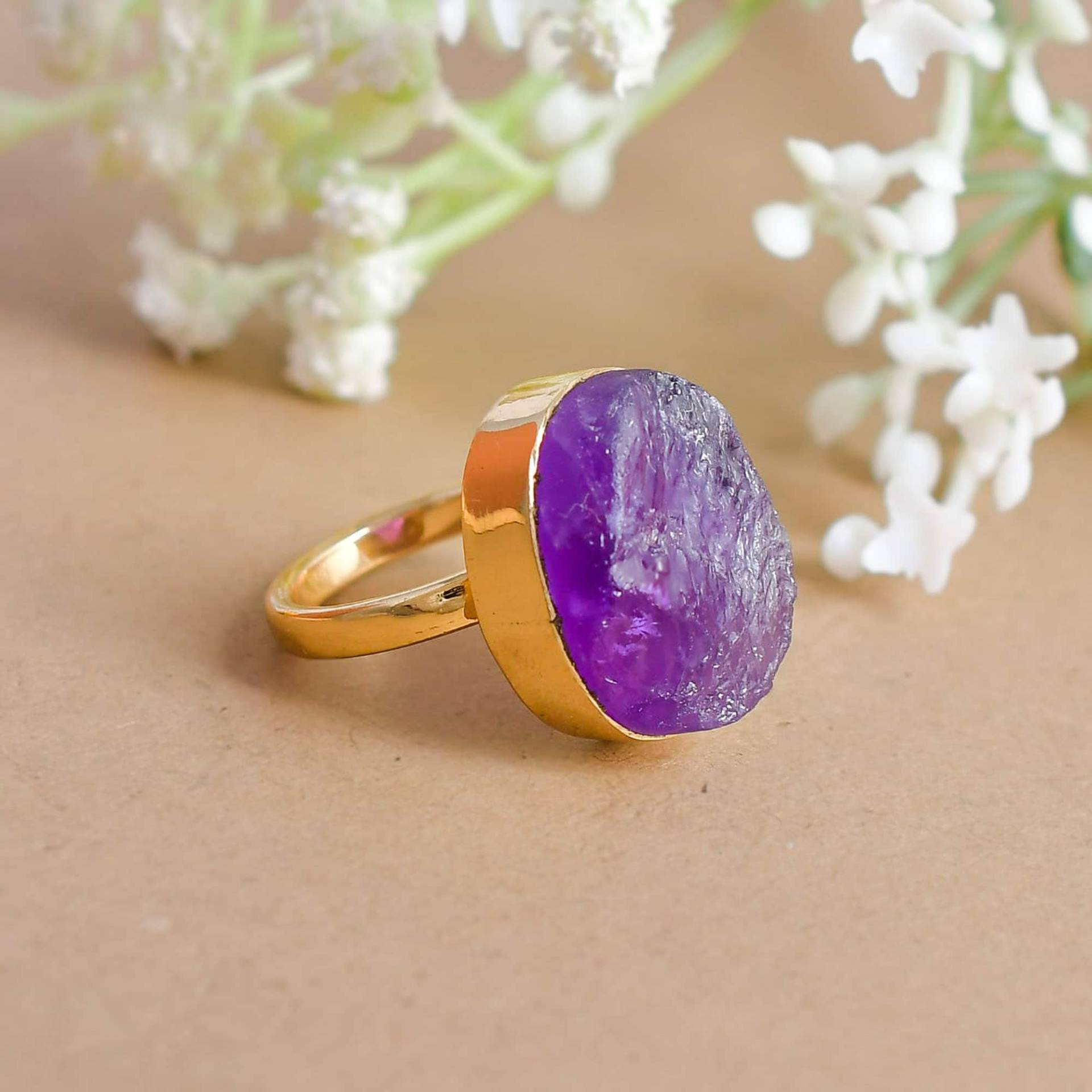 Roher Amethyst Ring, Einfassungsring, Geburtssteinring, Damenring, 18K Gold Vermeil Handgemachter Geschenk Für Sie von Daanijewels