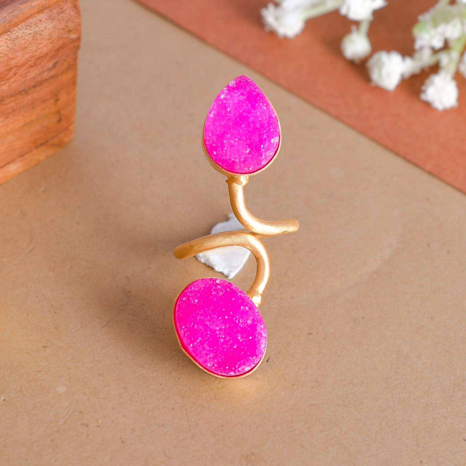 Rosa Druzy Ring, Bypass Wunderschöner 18K Vergoldeter Statement Natürlicher Frauen Mode Geschenk Für von Daanijewels