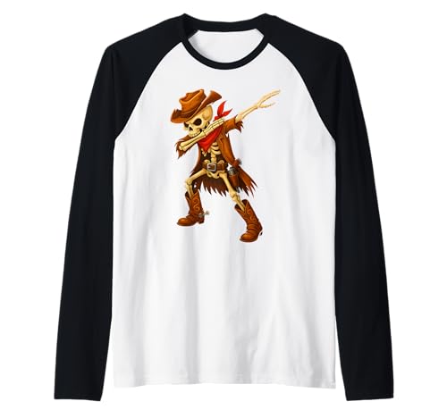 Dabbing Skelett Cowboy Halloween Kostüm Kinder Jungen Herren Tupfen Raglan von Dabbing Cowboy Skull Western Halloween Costume