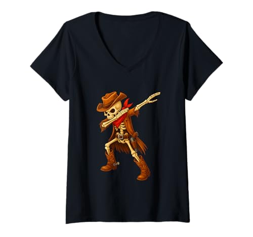 Damen Dabbing Skelett Cowboy Halloween Kostüm Kinder Jungen Herren Tupfen T-Shirt mit V-Ausschnitt von Dabbing Cowboy Skull Western Halloween Costume