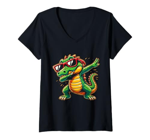 Damen Dabbing Krokodil mit Sonnenbrille Alligator Tier Tanzen T-Shirt mit V-Ausschnitt Damen Dabbing Krokodil mit Sonnenbrille Alligator Tier Tanzen T-Shirt mit V-Ausschnitt von Dabbing Crocodile With Sunglasses Alligator