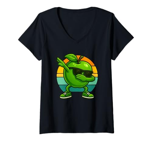 Damen Retro Vintage Funny Apple Dab Dance Apple Fruit Dancing T-Shirt mit V-Ausschnitt Damen Retro Vintage Funny Apple Dab Dance Apple Fruit Dancing T-Shirt mit V-Ausschnitt von Dabbing Dance Fruits Vegetables Novelty Tops ...