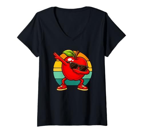 Damen Retro Vintage Funny Apple Dab Dance Apple Fruit Dancing T-Shirt mit V-Ausschnitt Damen Retro Vintage Funny Apple Dab Dance Apple Fruit Dancing T-Shirt mit V-Ausschnitt von Dabbing Dance Fruits Vegetables Novelty Tops ...